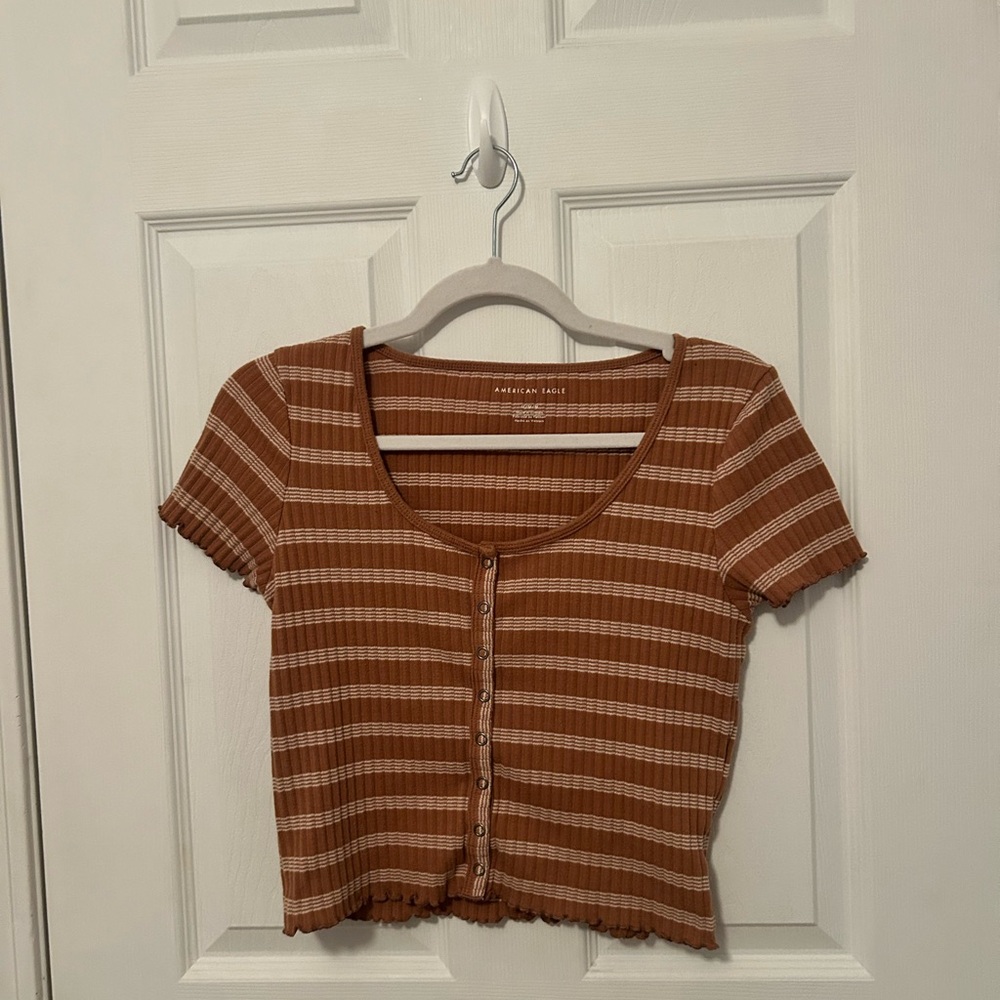 American Eagle Short-Sleeve Light Brown and White Striped Button Down Crop Top